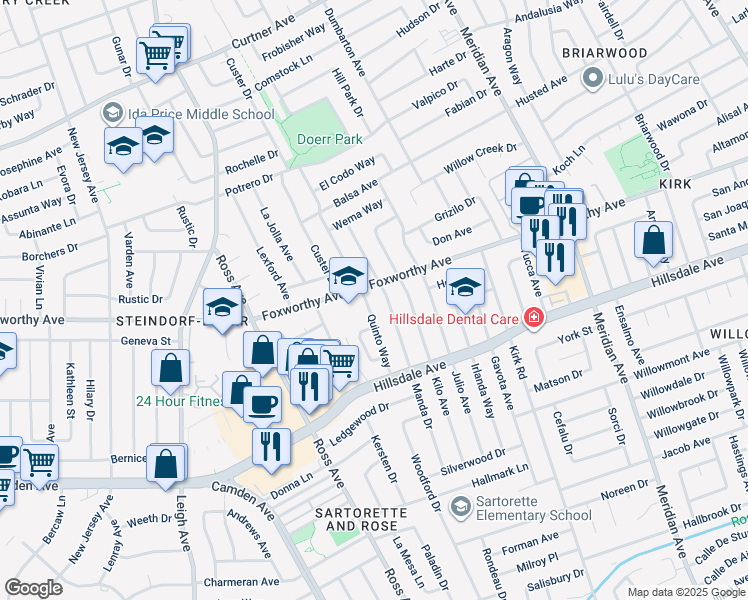 map of restaurants, bars, coffee shops, grocery stores, and more near 3100 Quinto Way in San Jose