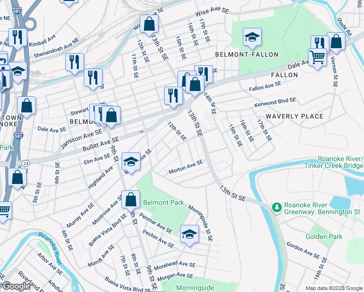 map of restaurants, bars, coffee shops, grocery stores, and more near 1165 Montrose Avenue Southeast in Roanoke