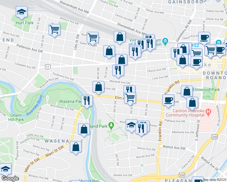 map of restaurants, bars, coffee shops, grocery stores, and more near 603 Elm Avenue in Roanoke