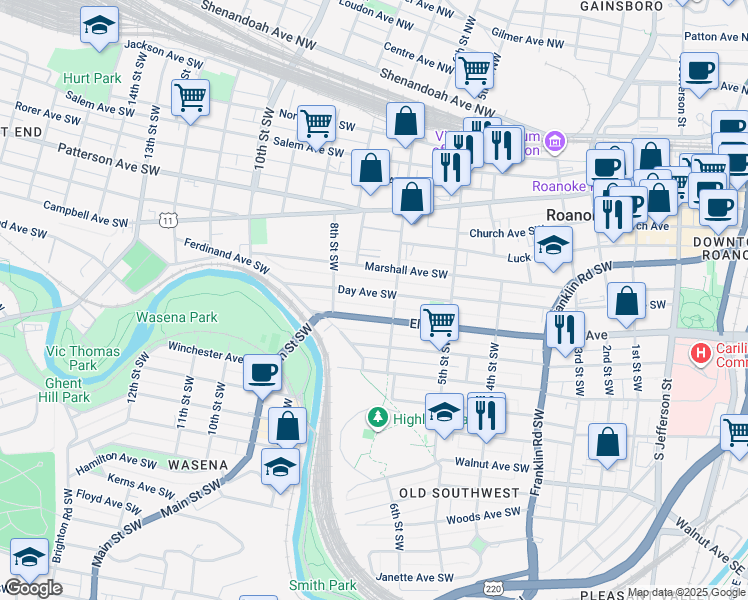map of restaurants, bars, coffee shops, grocery stores, and more near 603 Elm Avenue in Roanoke