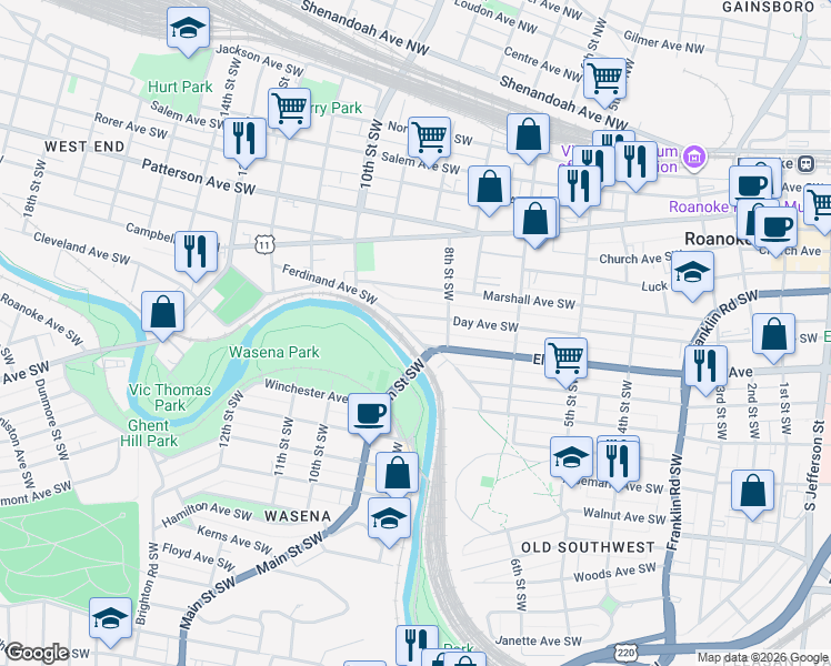map of restaurants, bars, coffee shops, grocery stores, and more near 805 U.S. 221 in Roanoke