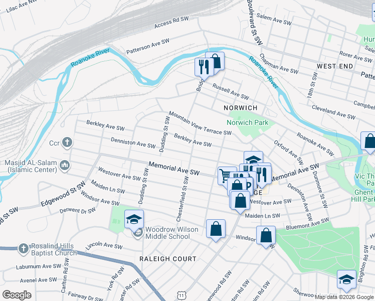 map of restaurants, bars, coffee shops, grocery stores, and more near 2144 Denniston Avenue Southwest in Roanoke