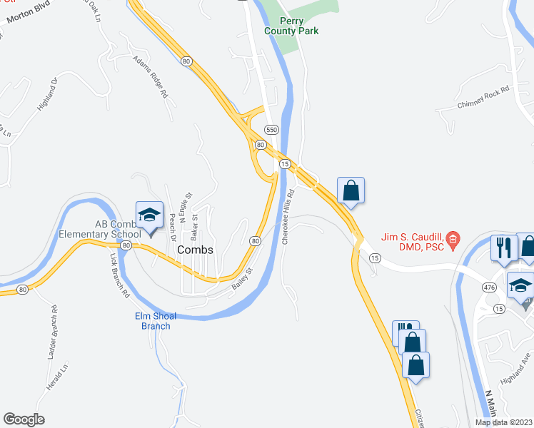map of restaurants, bars, coffee shops, grocery stores, and more near Combs Road in Hazard