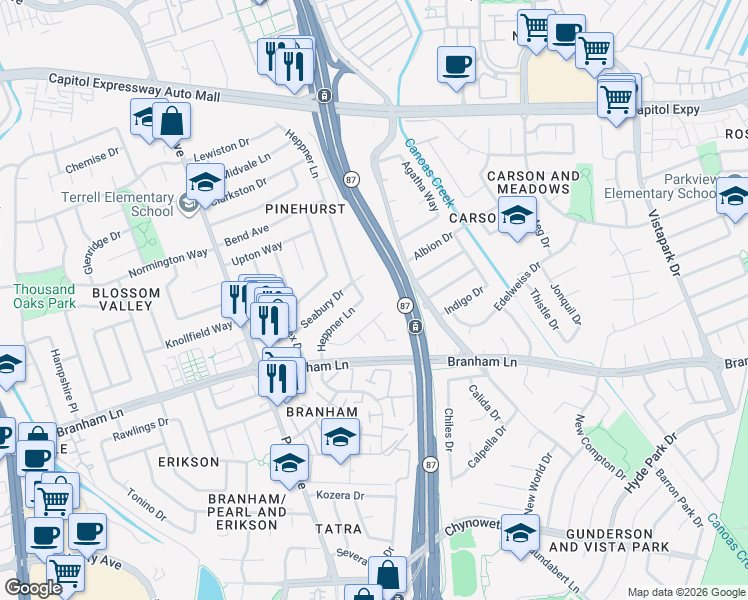 map of restaurants, bars, coffee shops, grocery stores, and more near 4430 Heppner Lane in San Jose