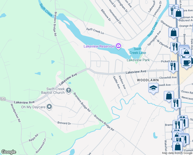 map of restaurants, bars, coffee shops, grocery stores, and more near 917 Lakeview Avenue in Colonial Heights