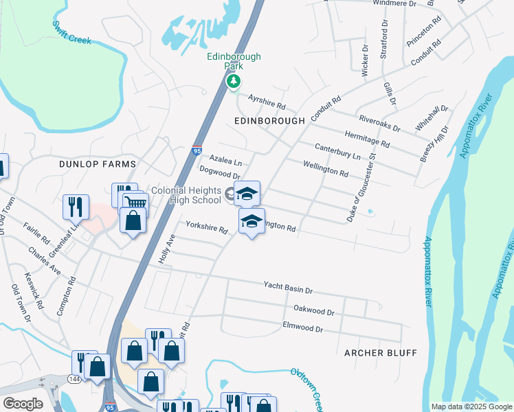 map of restaurants, bars, coffee shops, grocery stores, and more near 3600 Conduit Road in Colonial Heights
