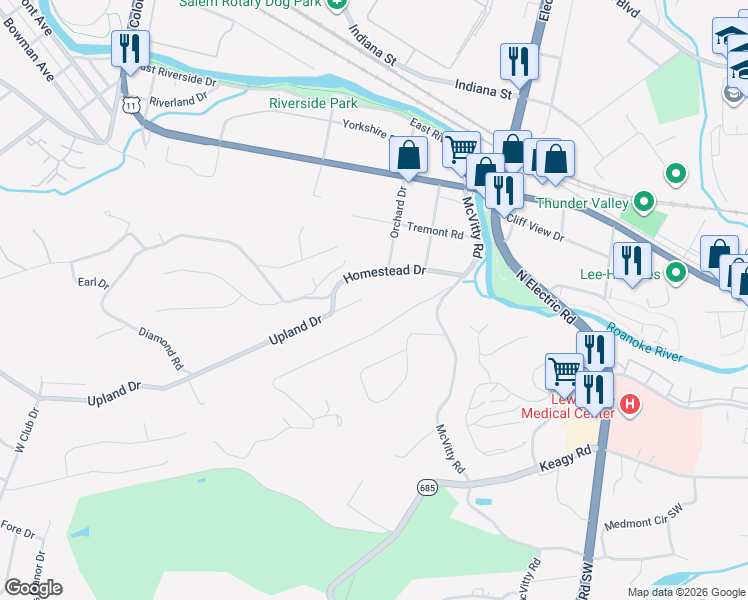map of restaurants, bars, coffee shops, grocery stores, and more near 2 Upland Drive in Salem