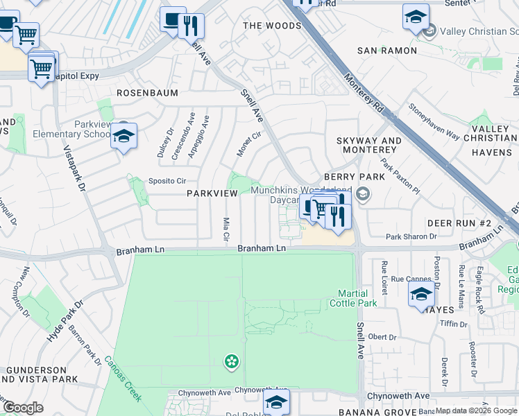 map of restaurants, bars, coffee shops, grocery stores, and more near 4632 Holycon Circle in San Jose