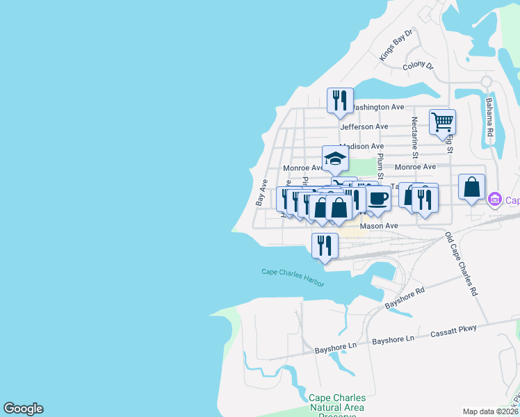 map of restaurants, bars, coffee shops, grocery stores, and more near 14 Bay Avenue in Cape Charles