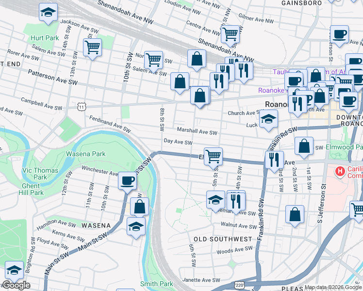 map of restaurants, bars, coffee shops, grocery stores, and more near 601 Elm Avenue in Roanoke