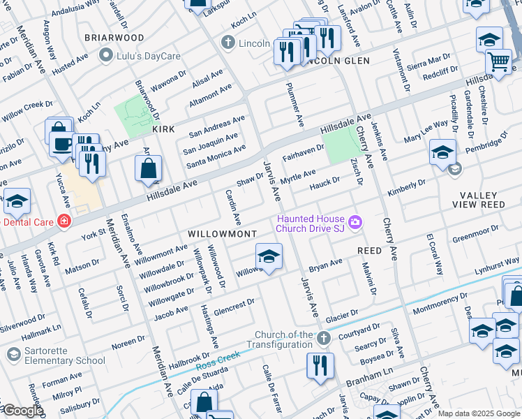 map of restaurants, bars, coffee shops, grocery stores, and more near 3510 Blossomview Drive in San Jose