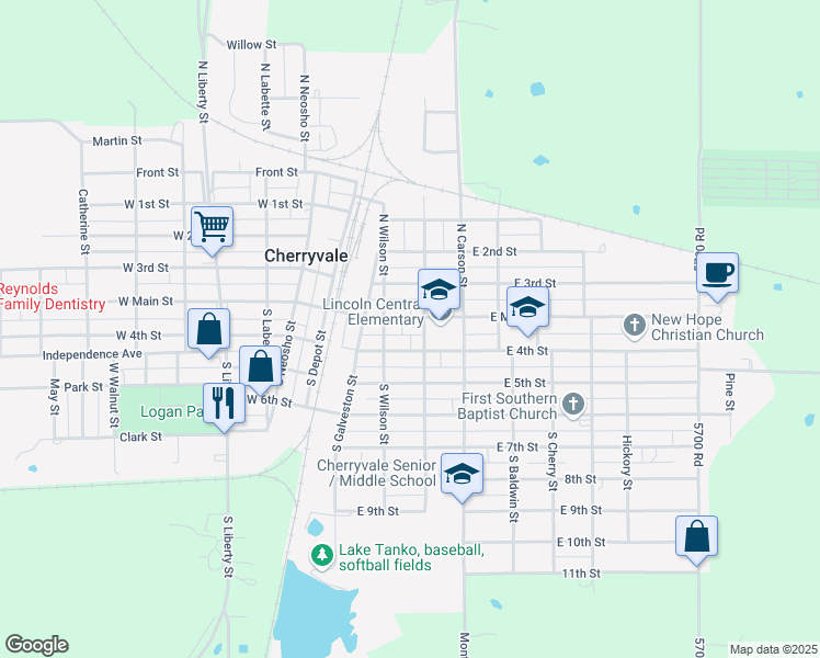 map of restaurants, bars, coffee shops, grocery stores, and more near 329 East Main Street in Cherryvale