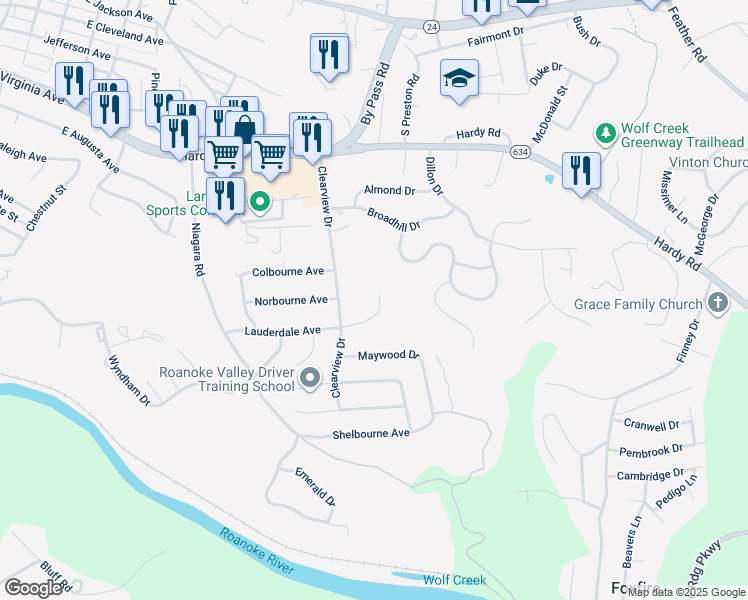 map of restaurants, bars, coffee shops, grocery stores, and more near 1038 Lauderdale Avenue in Vinton