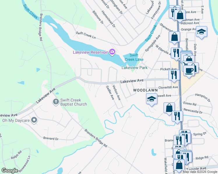 map of restaurants, bars, coffee shops, grocery stores, and more near 109 Sadler Avenue in Colonial Heights