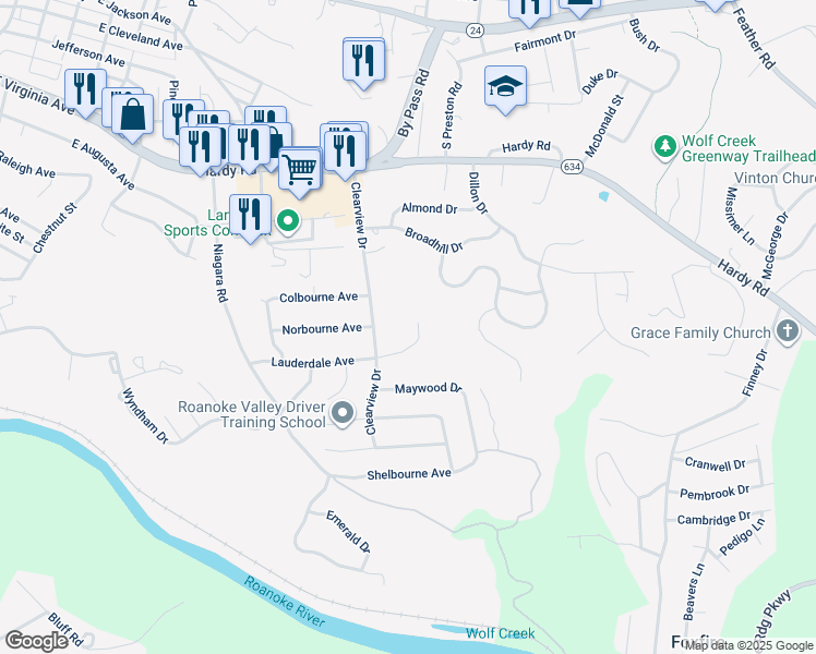 map of restaurants, bars, coffee shops, grocery stores, and more near 1038 Lauderdale Avenue in Vinton