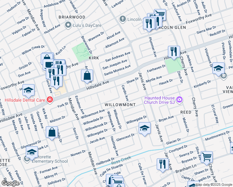 map of restaurants, bars, coffee shops, grocery stores, and more near 3355 Wilcox Avenue in San Jose