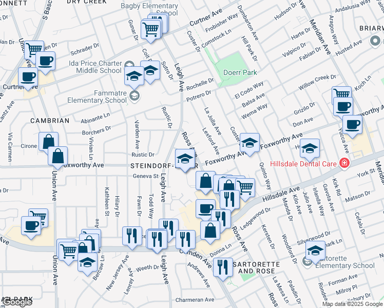 map of restaurants, bars, coffee shops, grocery stores, and more near 2939 Ross Avenue in San Jose