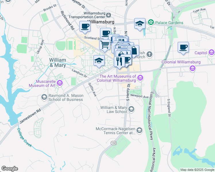 map of restaurants, bars, coffee shops, grocery stores, and more near 119 Grigsby Drive in Williamsburg