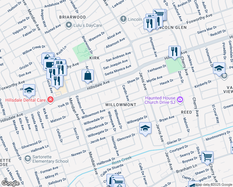 map of restaurants, bars, coffee shops, grocery stores, and more near 3355 Wilcox Avenue in San Jose