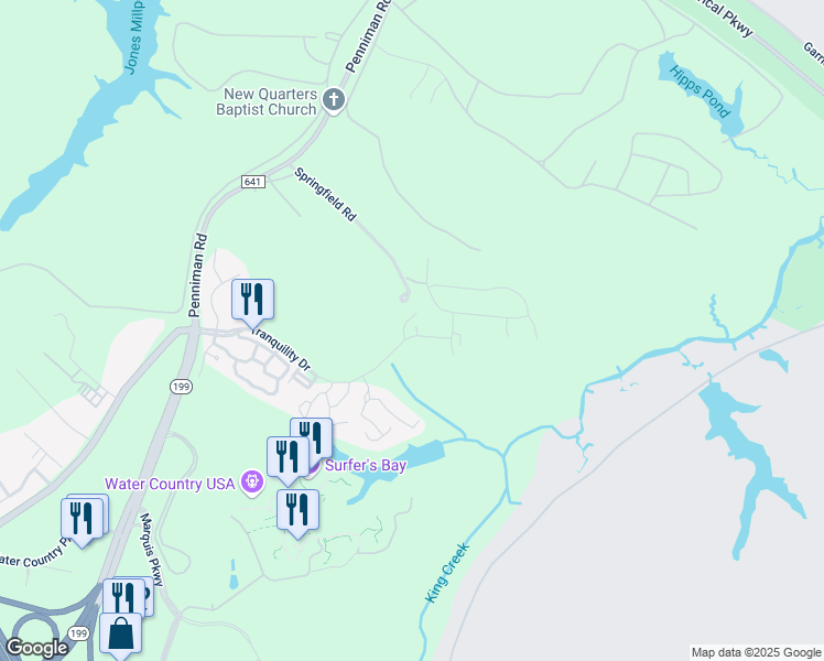 map of restaurants, bars, coffee shops, grocery stores, and more near 1174 Springfield Road in Williamsburg