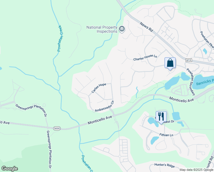 map of restaurants, bars, coffee shops, grocery stores, and more near 3705 Carlas Hope Road in Williamsburg