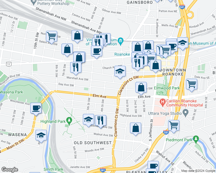 map of restaurants, bars, coffee shops, grocery stores, and more near 711 4th Street Southwest in Roanoke