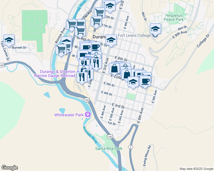 map of restaurants, bars, coffee shops, grocery stores, and more near 429 East 4th Avenue in Durango