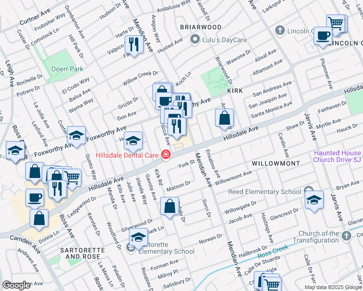 map of restaurants, bars, coffee shops, grocery stores, and more near 1652 Hillsdale Avenue in San Jose
