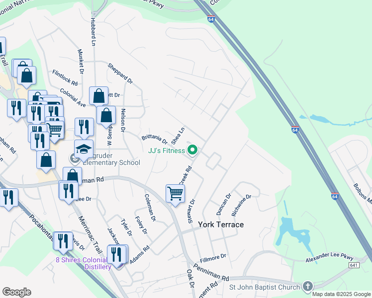 map of restaurants, bars, coffee shops, grocery stores, and more near 106 Brittania Drive in Williamsburg