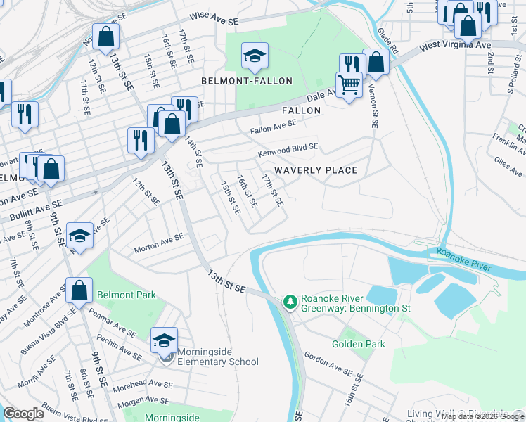 map of restaurants, bars, coffee shops, grocery stores, and more near 1519 Gladstone Avenue Southeast in Roanoke