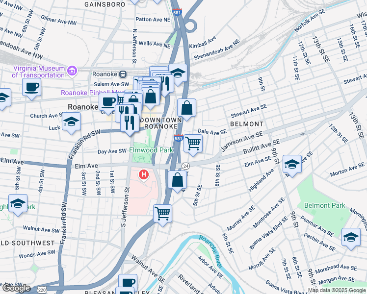 map of restaurants, bars, coffee shops, grocery stores, and more near 701 4th Street Southeast in Roanoke