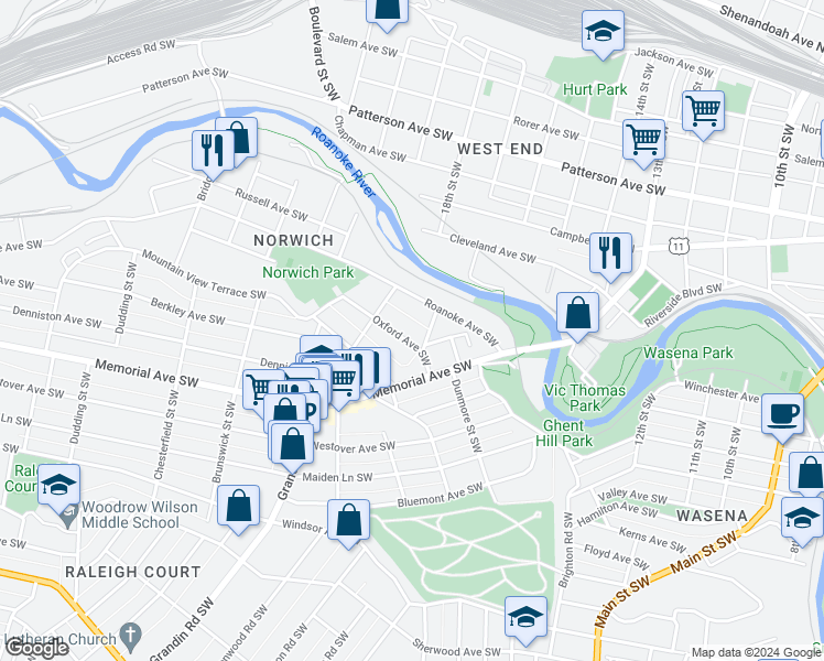 map of restaurants, bars, coffee shops, grocery stores, and more near 1717 Oxford Avenue Southwest in Roanoke