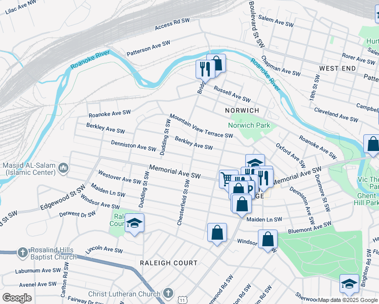 map of restaurants, bars, coffee shops, grocery stores, and more near 2144 Denniston Avenue Southwest in Roanoke