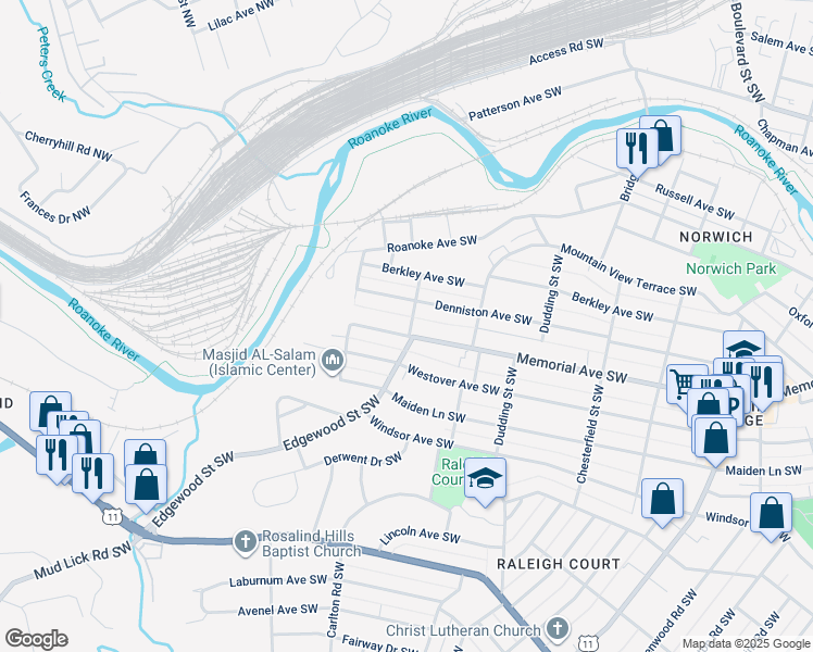 map of restaurants, bars, coffee shops, grocery stores, and more near 2522 Memorial Avenue Southwest in Roanoke