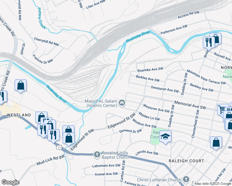 map of restaurants, bars, coffee shops, grocery stores, and more near 2657 Westover Avenue Southwest in Roanoke