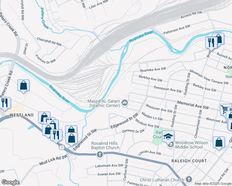 map of restaurants, bars, coffee shops, grocery stores, and more near 2657 Westover Avenue Southwest in Roanoke