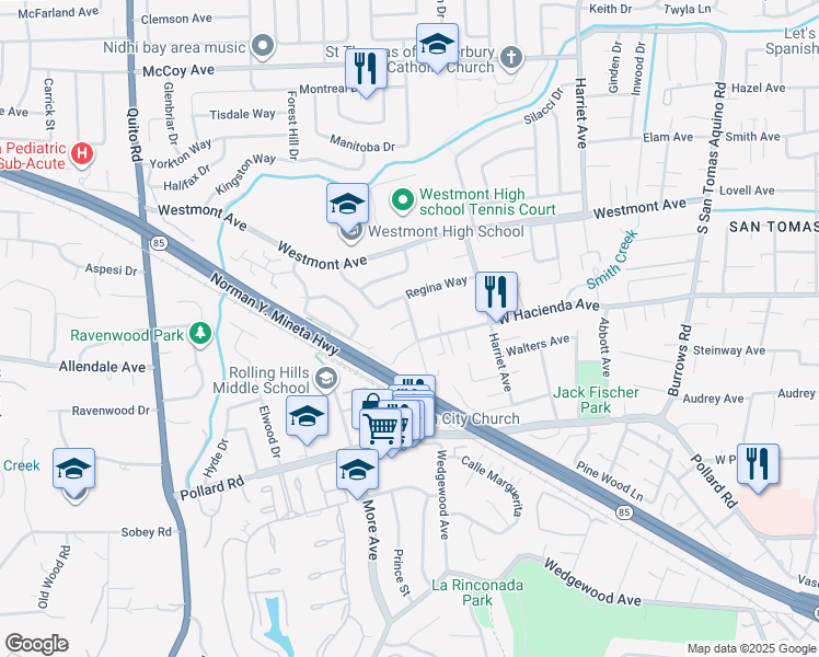 map of restaurants, bars, coffee shops, grocery stores, and more near 4710 Del Loma Court in Campbell