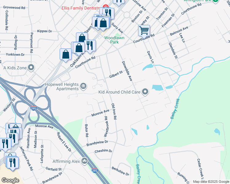 map of restaurants, bars, coffee shops, grocery stores, and more near 1602 Huntington Court in Hopewell