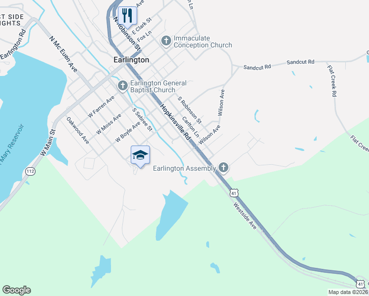 map of restaurants, bars, coffee shops, grocery stores, and more near W Wilson Ave in Earlington