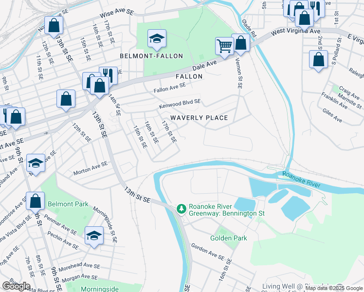 map of restaurants, bars, coffee shops, grocery stores, and more near 1314 17th Street Southeast in Roanoke