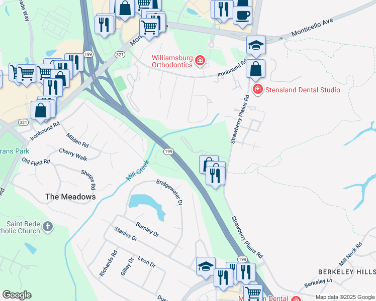 map of restaurants, bars, coffee shops, grocery stores, and more near 4002 Midlands Road in Williamsburg