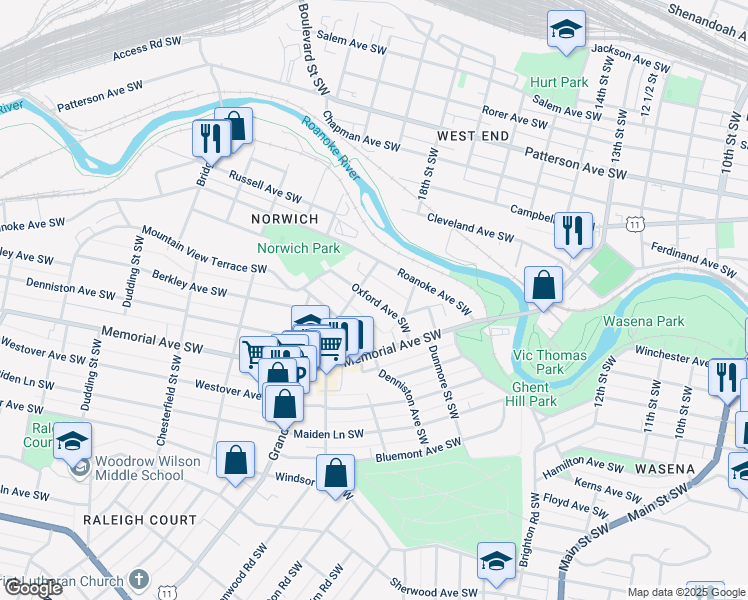 map of restaurants, bars, coffee shops, grocery stores, and more near Oxford Avenue Southwest in Roanoke