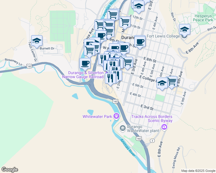map of restaurants, bars, coffee shops, grocery stores, and more near 479 Main Avenue in Durango