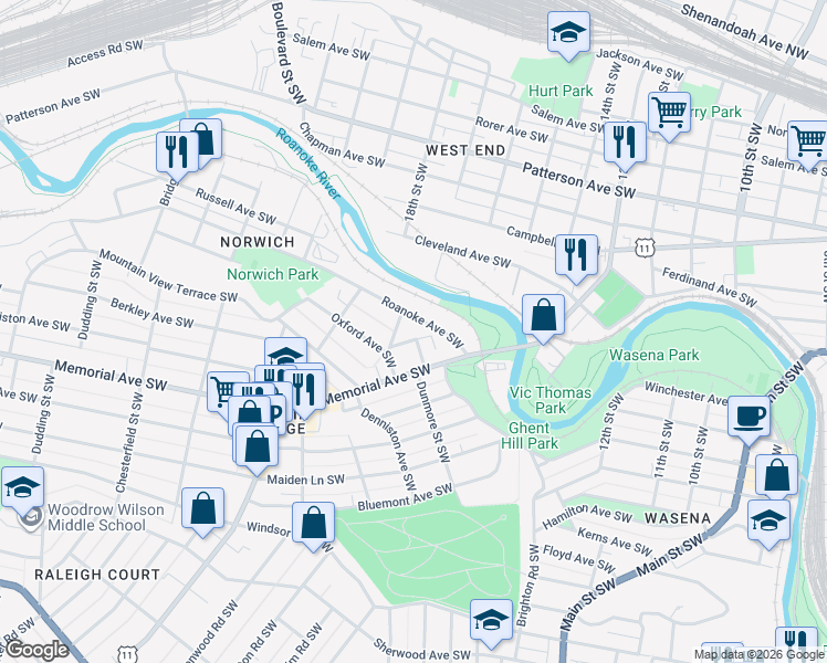 map of restaurants, bars, coffee shops, grocery stores, and more near 1517 Lexington Avenue Southwest in Roanoke