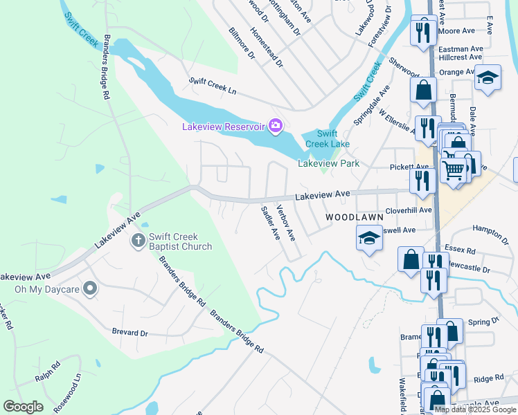 map of restaurants, bars, coffee shops, grocery stores, and more near 109 Sadler Avenue in Colonial Heights