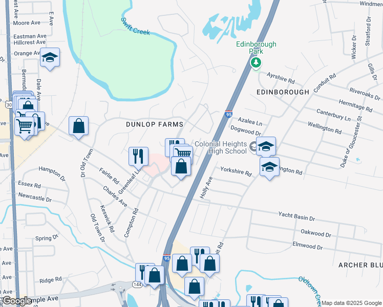 map of restaurants, bars, coffee shops, grocery stores, and more near 800 Old Oak Lane in Colonial Heights