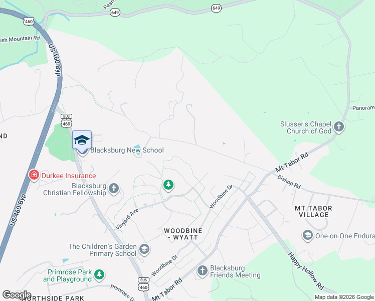 map of restaurants, bars, coffee shops, grocery stores, and more near 2224 Birchleaf Lane in Blacksburg