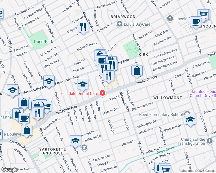 map of restaurants, bars, coffee shops, grocery stores, and more near 1654 Latitude Drive in San Jose