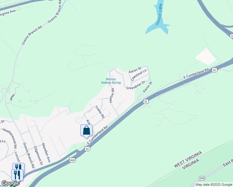 map of restaurants, bars, coffee shops, grocery stores, and more near 2588 Horton Road in Bluefield