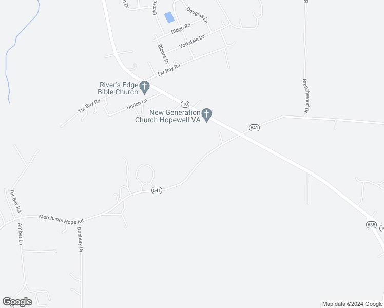 map of restaurants, bars, coffee shops, grocery stores, and more near 11606 Merchants Hope Road in Hopewell